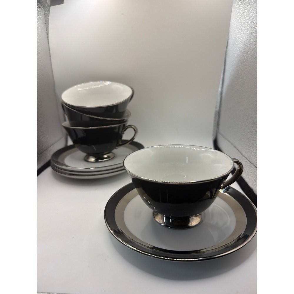 [Set of 4] Gemini Fine China Japan 3515 CUPS &SAUCERS White/BLACK PLATINUM